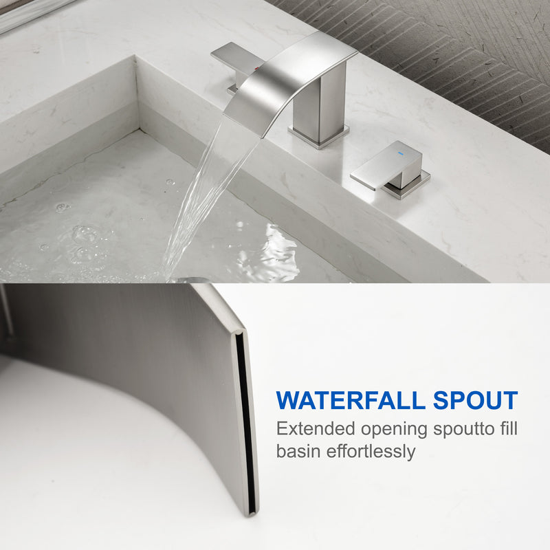 8 Inch Widespread Bathroom Faucet Double Handle 3 Hole Waterfall Bathroom Vanity Faucet with Pop-Up Drain For Sink