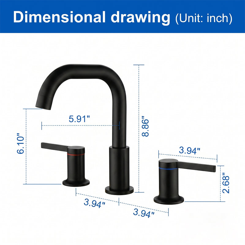 8 Inch Widespread Bathroom Faucet Black Matte, 2 Handle 3 Hole Brass Bathroom Lavatory Sink Faucet