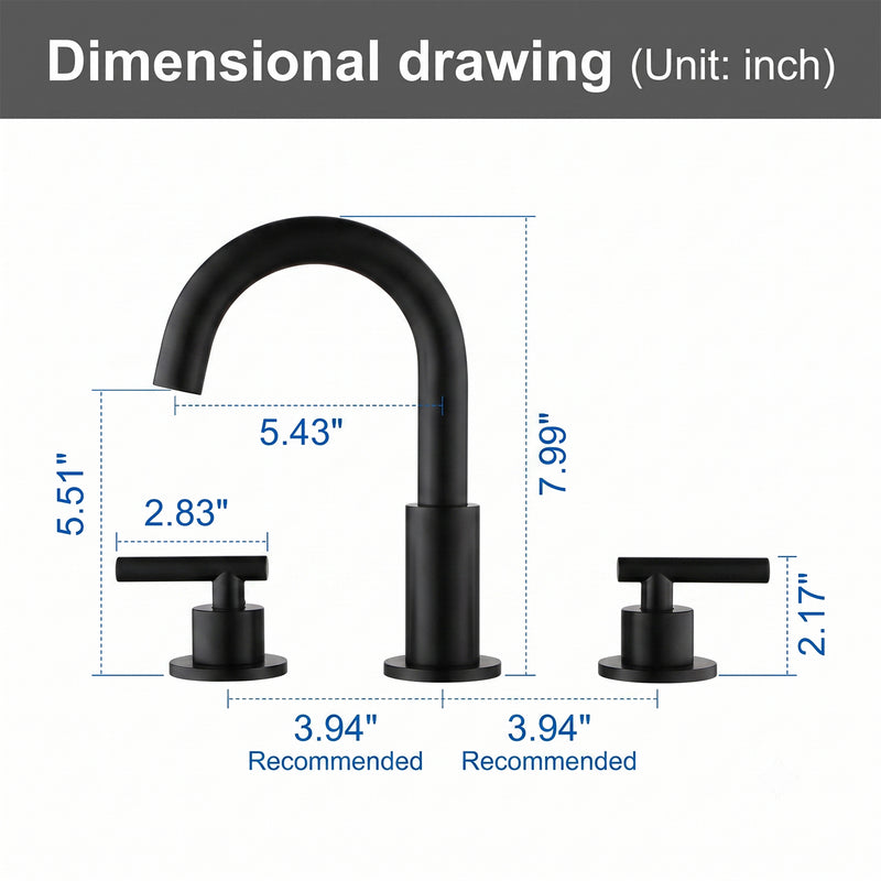 3 Hole Brass Bathroom Sink Faucet, 2 Handle 8 Inch Widespread Laundry Sink Faucet  Black