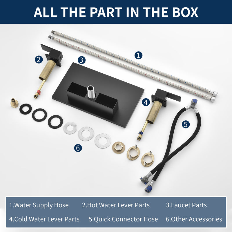 Dual Lever Bathroom Basin Tap Hot and Cold Water Square Widespread Waterfall 3-Hole Roman Tub Faucet Trim