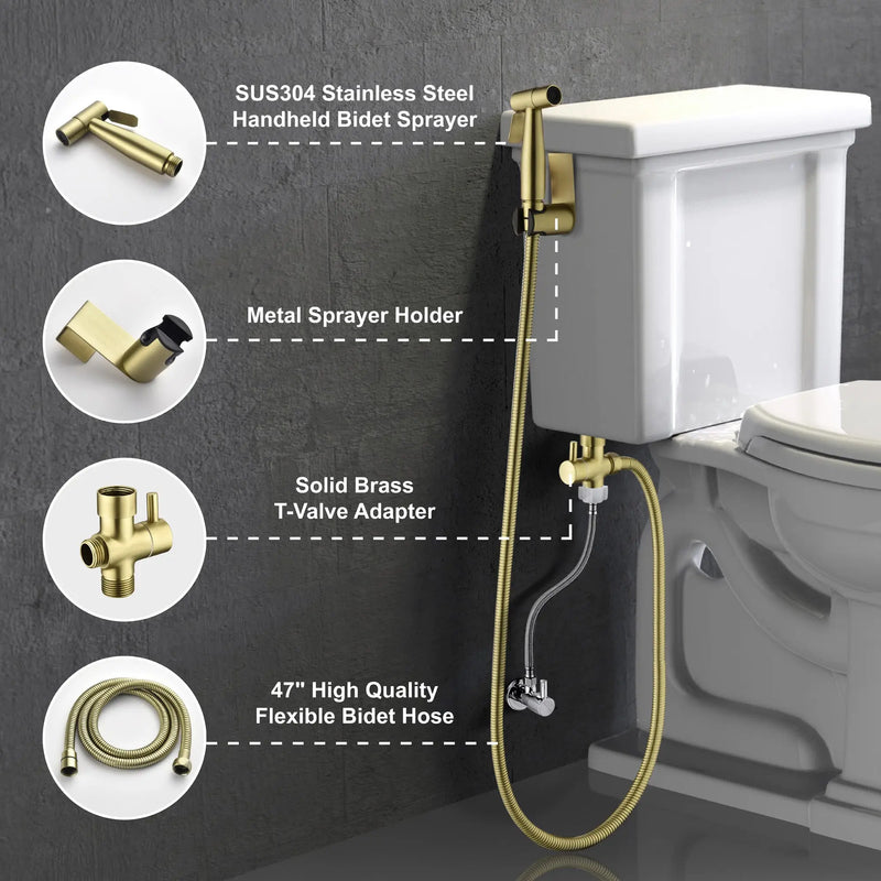 Handheld Bidet Sprayer for Toilet, Stainless Steel Baby Cloth Diaper Sprayer Kit with Cold Water-Matte Black,Brushed Gold