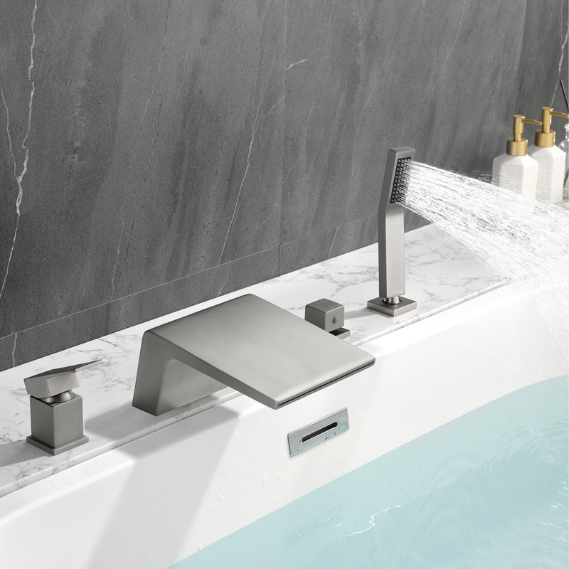 Deck Mount Roman Tub Faucet with Sprayer Waterfall Tub Filler with Hand Shower, Single Handle Bathtub Faucet Set with Handheld Shower Head, Valve and Trim Included