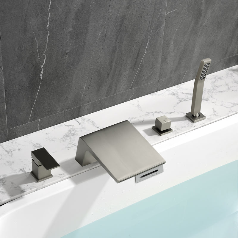 Deck Mount Roman Tub Faucet with Sprayer Waterfall Tub Filler with Hand Shower, Single Handle Bathtub Faucet Set with Handheld Shower Head, Valve and Trim Included