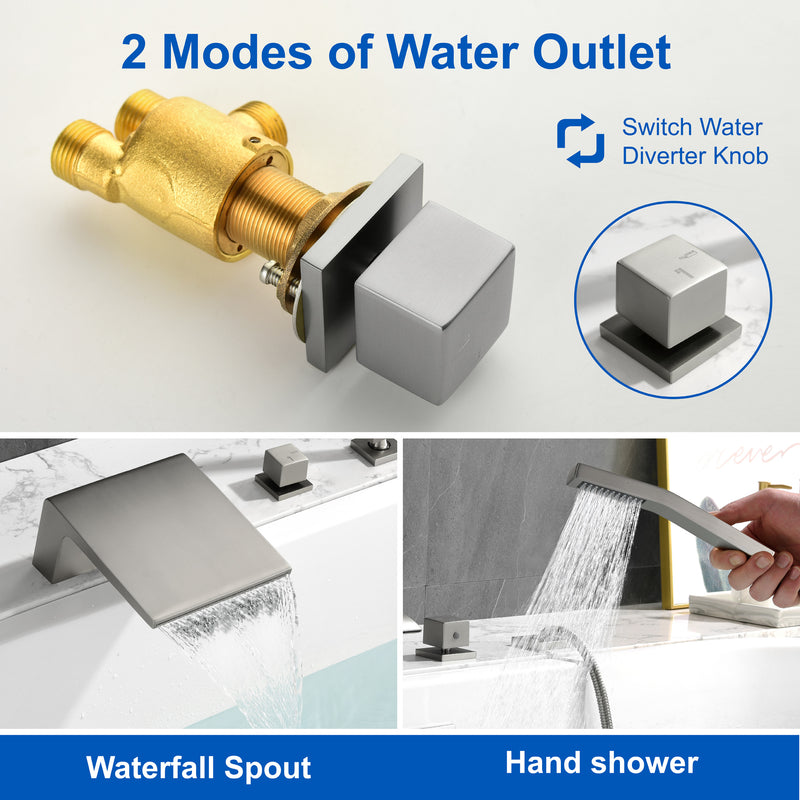 Deck Mount Roman Tub Faucet with Sprayer Waterfall Tub Filler with Hand Shower, Single Handle Bathtub Faucet Set with Handheld Shower Head, Valve and Trim Included