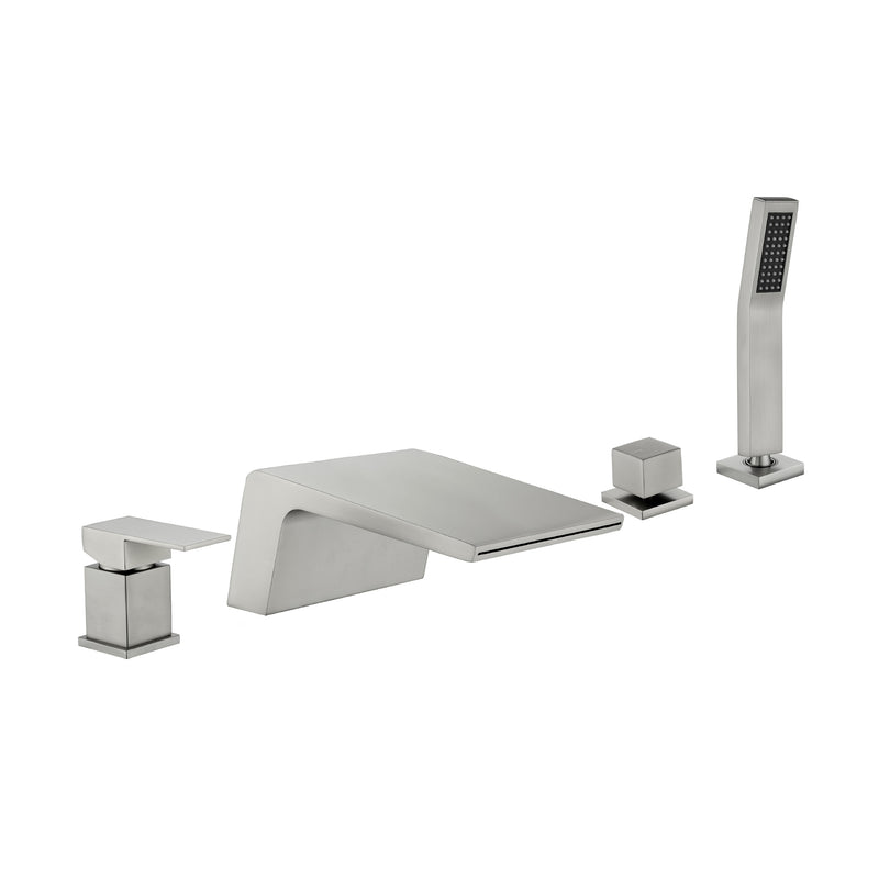 Deck Mount Roman Tub Faucet with Sprayer Waterfall Tub Filler with Hand Shower, Single Handle Bathtub Faucet Set with Handheld Shower Head, Valve and Trim Included