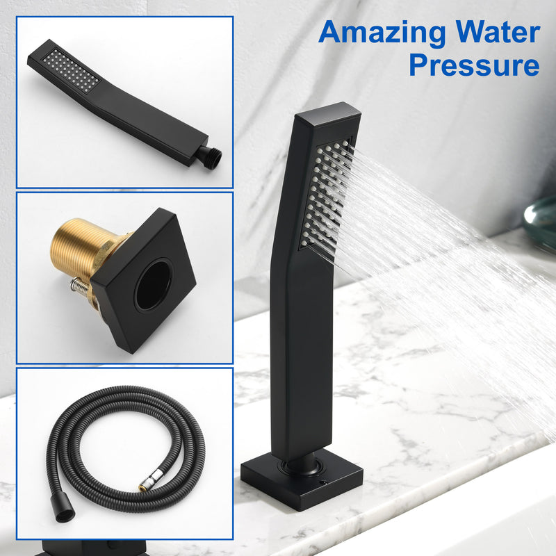 4-Hole Waterfall Deck-Mount Bathtub Faucet with Sprayer High Flow Roman Tub Filler with Hand Shower