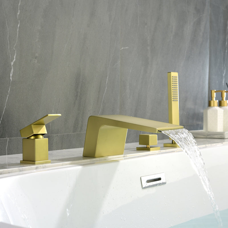 4-Hole Waterfall Deck-Mount Bathtub Faucet with Sprayer High Flow Roman Tub Filler with Hand Shower
