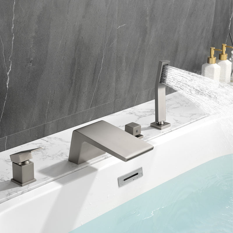 4-Hole Waterfall Deck-Mount Bathtub Faucet with Sprayer High Flow Roman Tub Filler with Hand Shower