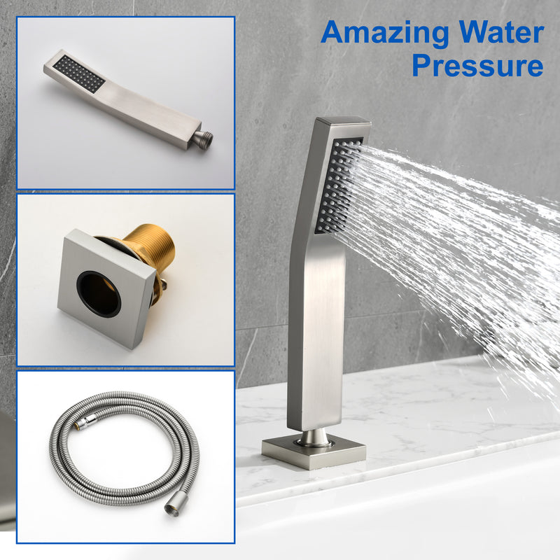 4-Hole Waterfall Deck-Mount Bathtub Faucet with Sprayer High Flow Roman Tub Filler with Hand Shower