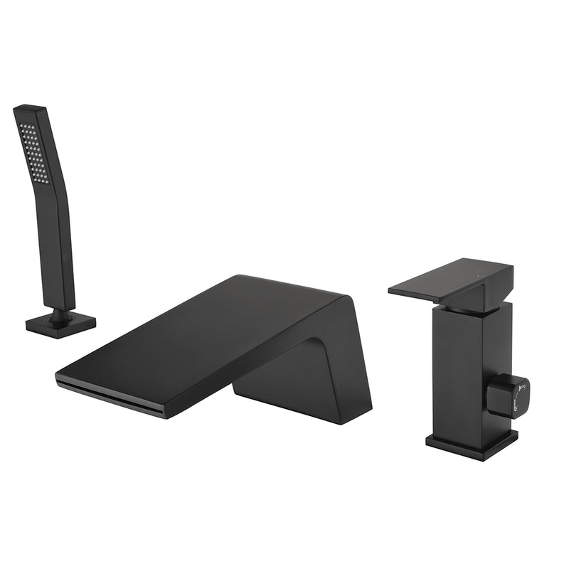 3-Holes Deck-Mount Tub Filler Trim Brass 1-Handle Waterfall Roman Tub Faucet with Hand Sprayer in Matte Black | Brushed Nickel | Brushed Gold