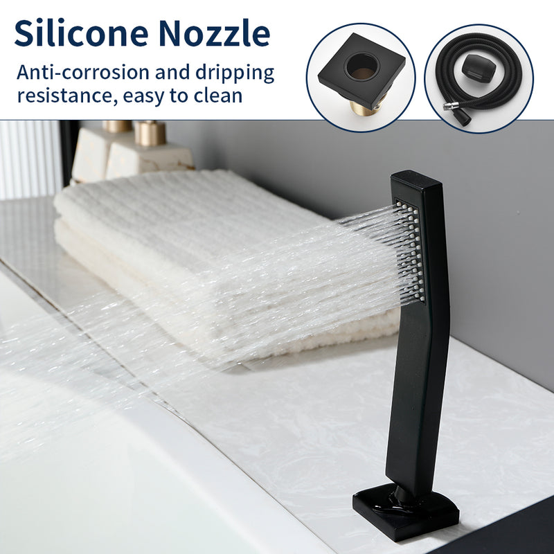 3-Holes Deck-Mount Tub Filler Trim Brass 1-Handle Waterfall Roman Tub Faucet with Hand Sprayer in Matte Black | Brushed Nickel | Brushed Gold