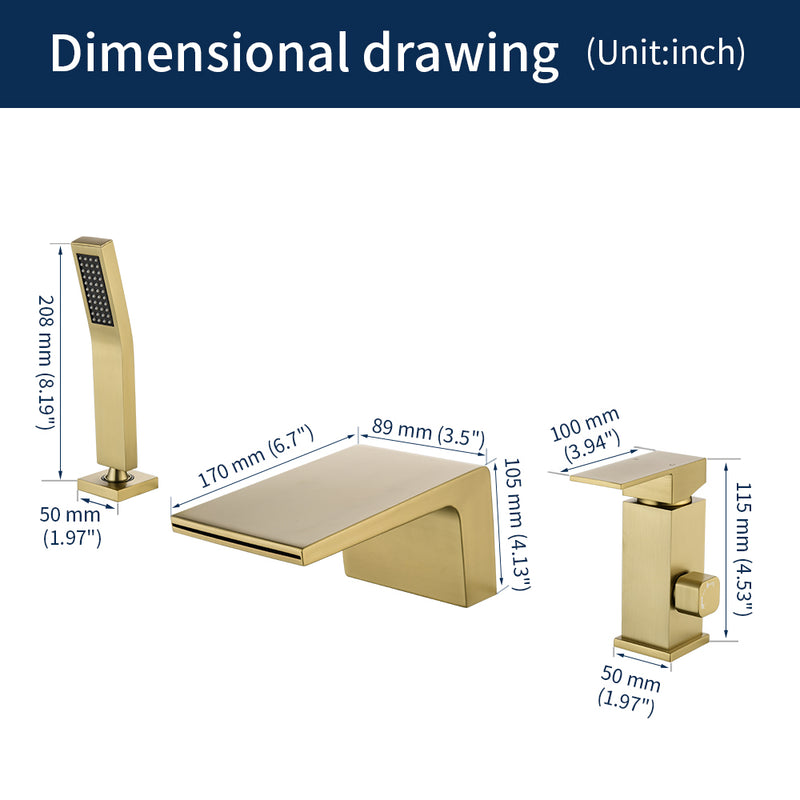 3-Holes Deck-Mount Tub Filler Trim Brass 1-Handle Waterfall Roman Tub Faucet with Hand Sprayer in Matte Black | Brushed Nickel | Brushed Gold