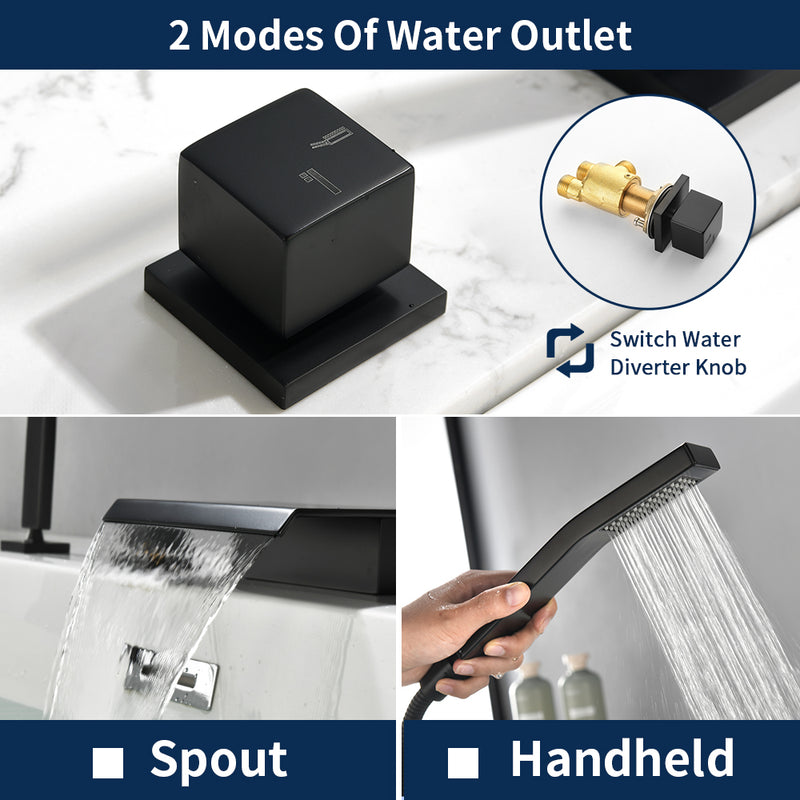 Roman Tub Filler Single Handle Deck Mounted 4 Holes Bathtub Faucet with Handheld Shower in Matte Black, Brushed Nickel, Brushed Gold
