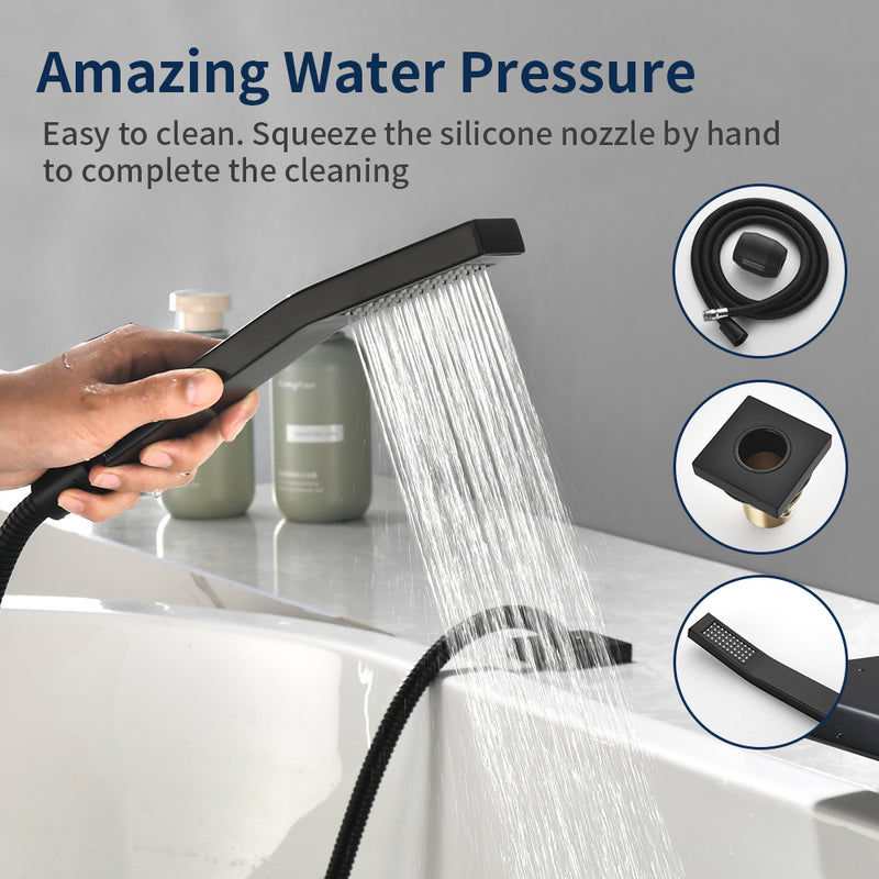 Roman Tub Filler Single Handle Deck Mounted 4 Holes Bathtub Faucet with Handheld Shower in Matte Black, Brushed Nickel, Brushed Gold