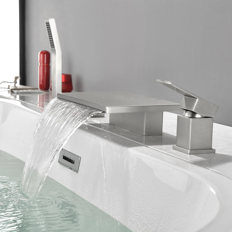 Waterfall Roman Tub Faucet Single-Handle 4 Hole Deck Mounted Tub Filler with Shower Diverter Solid Brass