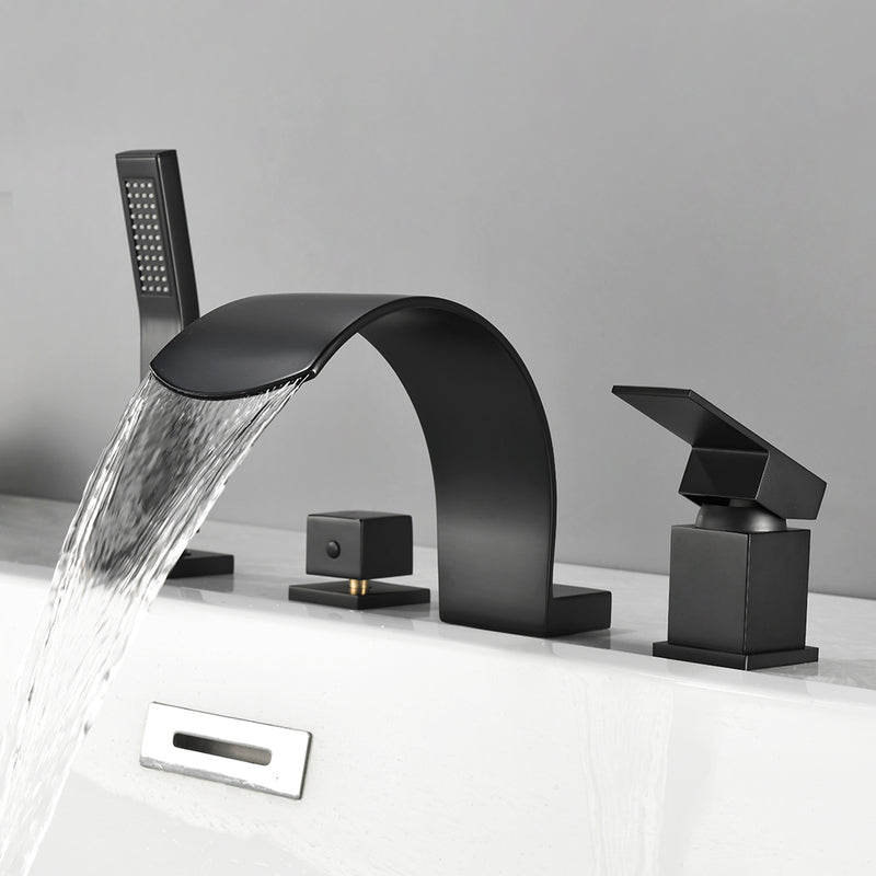 4-Hole Roman Bath Faucet Hot Cold Water Mixer Deck Mount Waterfall Tub Faucet with Hand Shower - Matte Black, Brushed Nickel, Brushed Gold
