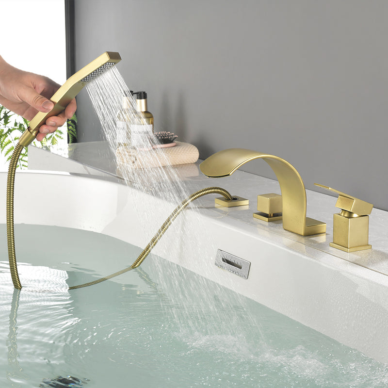 4-Hole Roman Bath Faucet Hot Cold Water Mixer Deck Mount Waterfall Tub Faucet with Hand Shower - Matte Black, Brushed Nickel, Brushed Gold