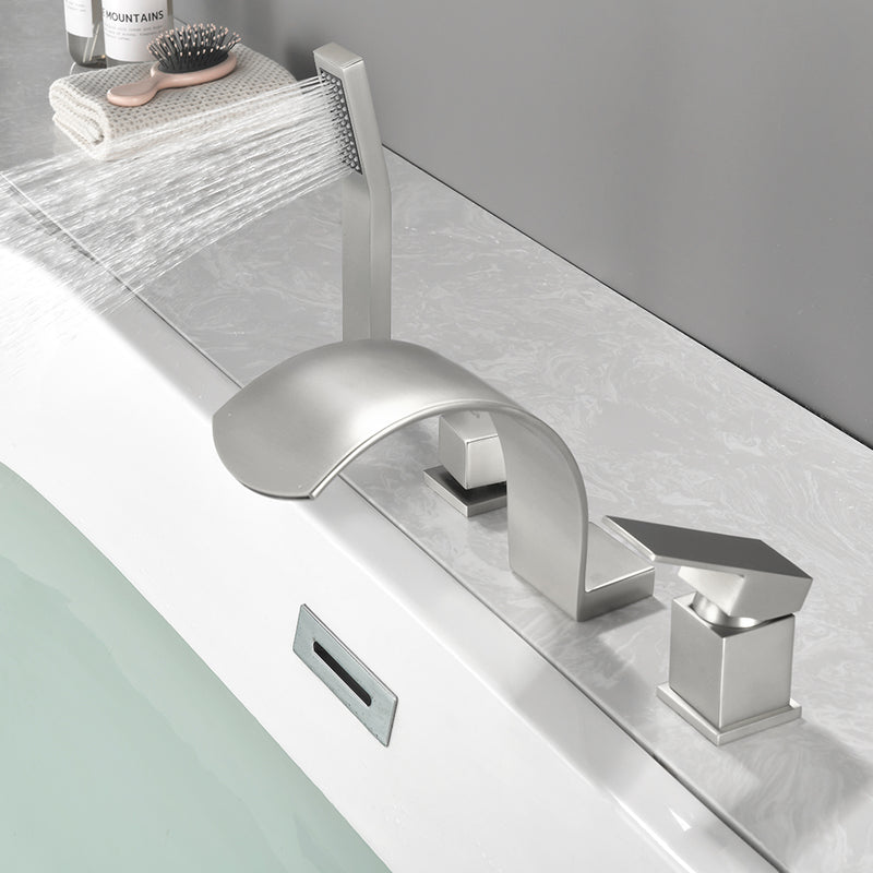4-Hole Roman Bath Faucet Hot Cold Water Mixer Deck Mount Waterfall Tub Faucet with Hand Shower - Matte Black, Brushed Nickel, Brushed Gold