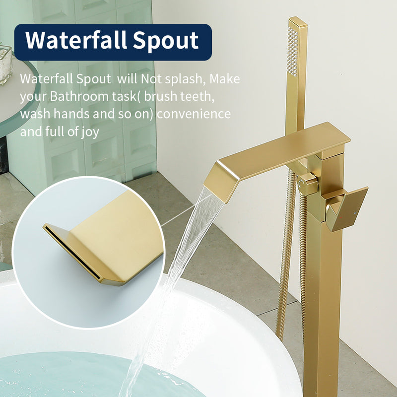 Floor Mount Waterfall Tub Filler Single Hole Hot Cold Water Mixer Free Standing Tub Faucet with Hand Shower and Valve