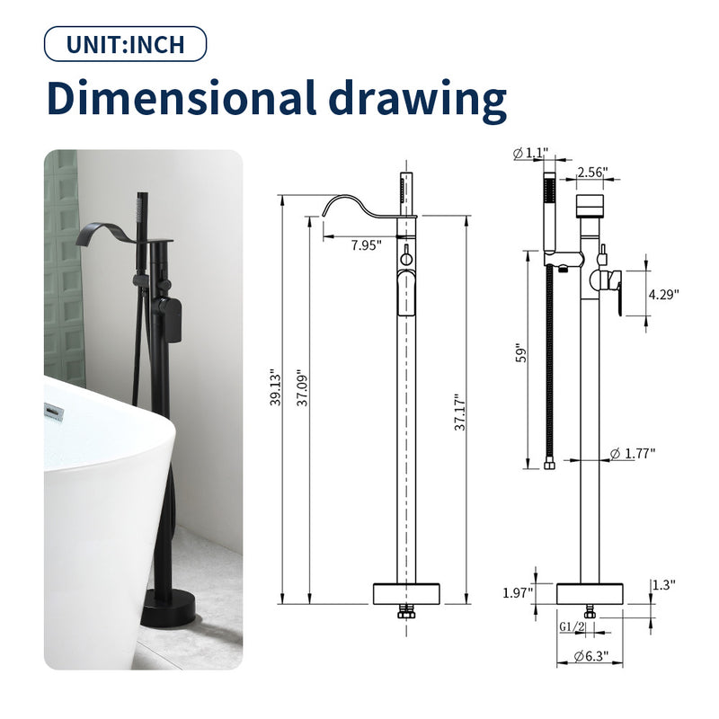 Brass Waterfall Floor-Mount Tub Faucet Single Lever Freestanding Bath Taps with Hand Shower