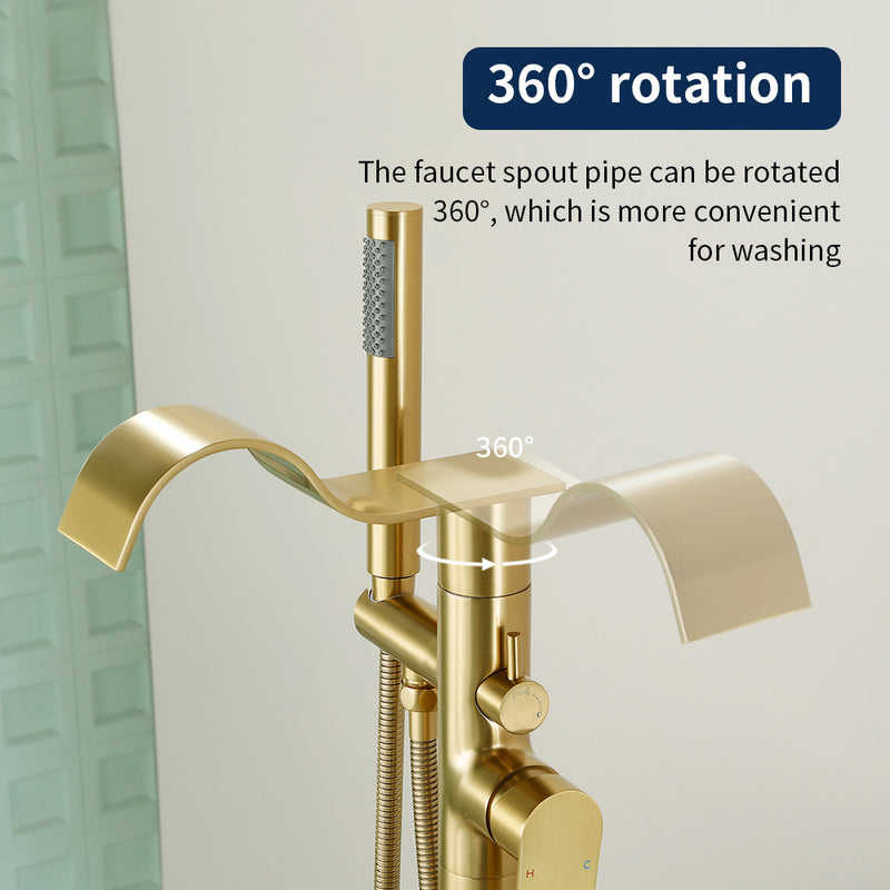 Brass Waterfall Floor-Mount Tub Faucet Single Lever Freestanding Bath Taps with Hand Shower