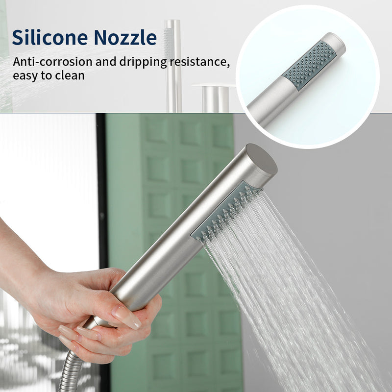 Freestanding Bath Tub Filler Trim Dual Functions 1 Handle 360° Swivel Waterfall Floor Mount Bathtub Faucet with Handheld Sprayer