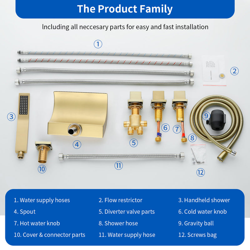 Deck Mount Bath Trim Hot and Cold Water Mixer 2 Knob Handles 5-Hole Roman Tub Faucet with Diverter and Hand Shower