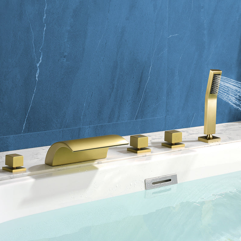 Deck Mount Bath Trim Hot and Cold Water Mixer 2 Knob Handles 5-Hole Roman Tub Faucet with Diverter and Hand Shower