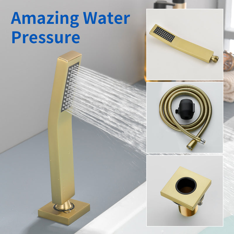 Deck Mount Bath Trim Hot and Cold Water Mixer 2 Knob Handles 5-Hole Roman Tub Faucet with Diverter and Hand Shower