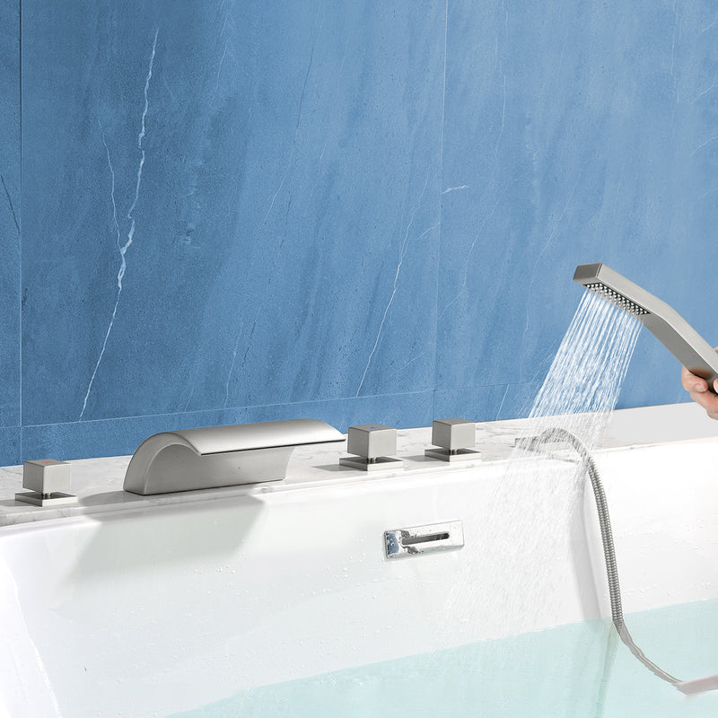 Deck Mount Bath Trim Hot and Cold Water Mixer 2 Knob Handles 5-Hole Roman Tub Faucet with Diverter and Hand Shower