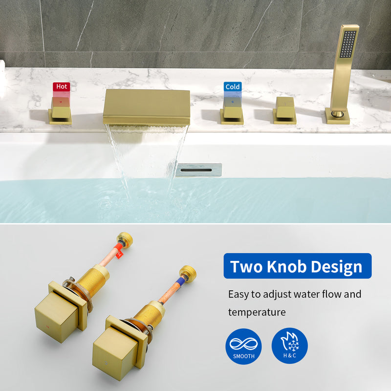 Waterfall Bathtub Faucet, Five Hole Deck Mounted Roman Bath Tub Faucet Mixer with Hand Shower