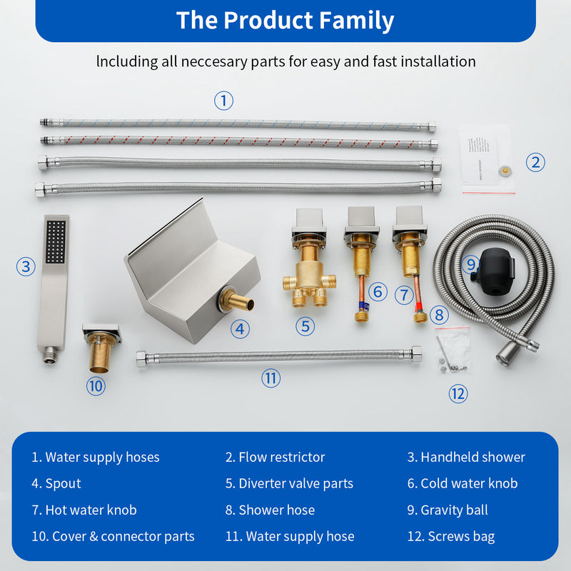 Waterfall Bathtub Faucet, Five Hole Deck Mounted Roman Bath Tub Faucet Mixer with Hand Shower