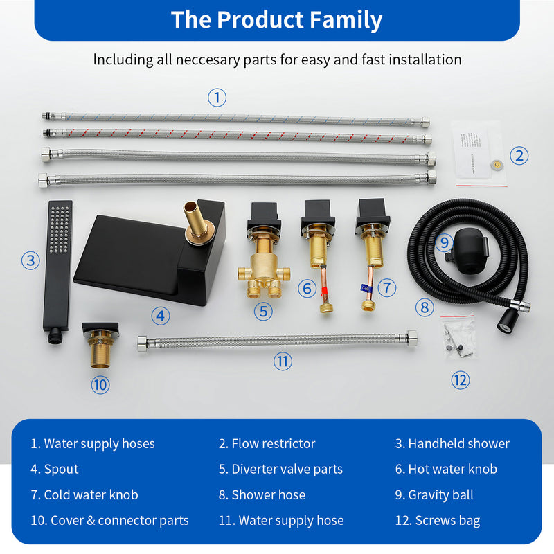Waterfall tub filler Deck Mount square 5 Hole Bathtub Faucets Set with sprayer and 4.7inch waterfall spout