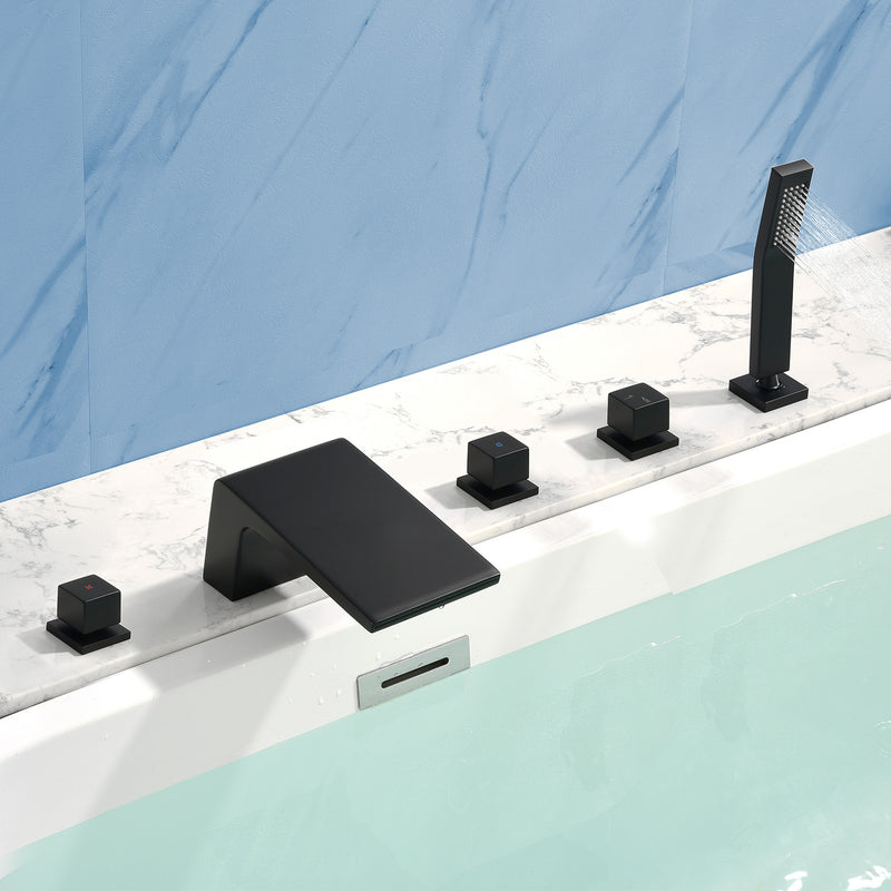 Waterfall tub filler Deck Mount square 5 Hole Bathtub Faucets Set with sprayer and 4.7inch waterfall spout