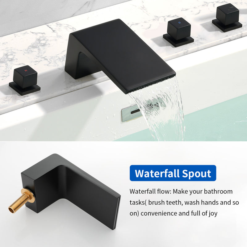 Waterfall tub filler Deck Mount square 5 Hole Bathtub Faucets Set with sprayer and 4.7inch waterfall spout