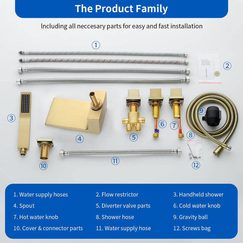 Waterfall tub filler Deck Mount square 5 Hole Bathtub Faucets Set with sprayer and 4.7inch waterfall spout