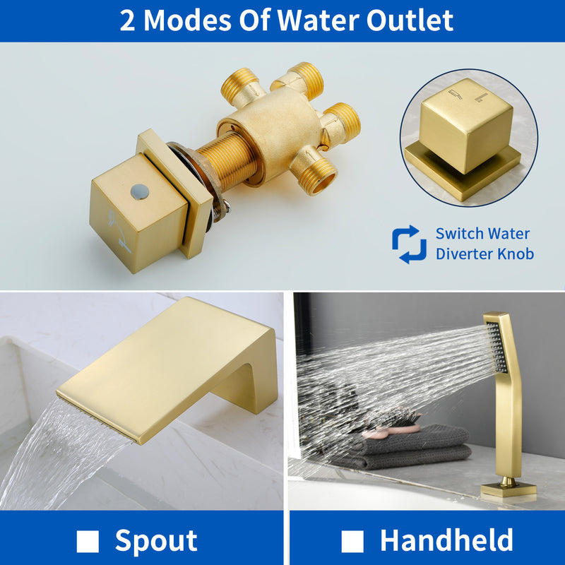 Waterfall tub filler Deck Mount square 5 Hole Bathtub Faucets Set with sprayer and 4.7inch waterfall spout