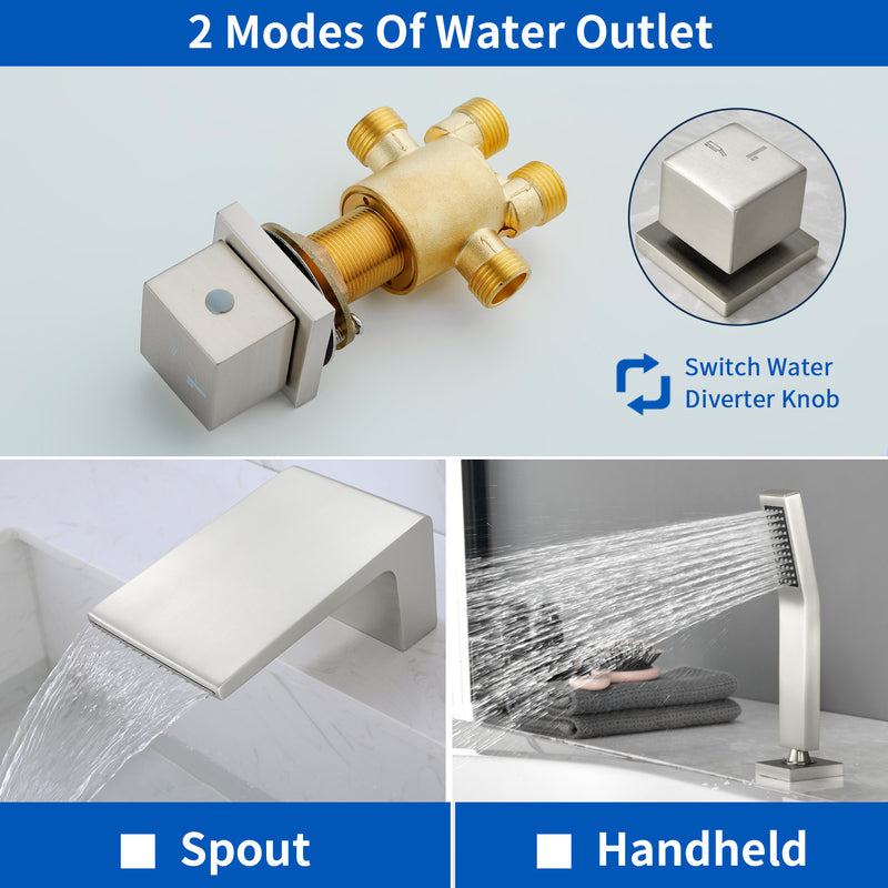 Waterfall tub filler Deck Mount square 5 Hole Bathtub Faucets Set with sprayer and 4.7inch waterfall spout
