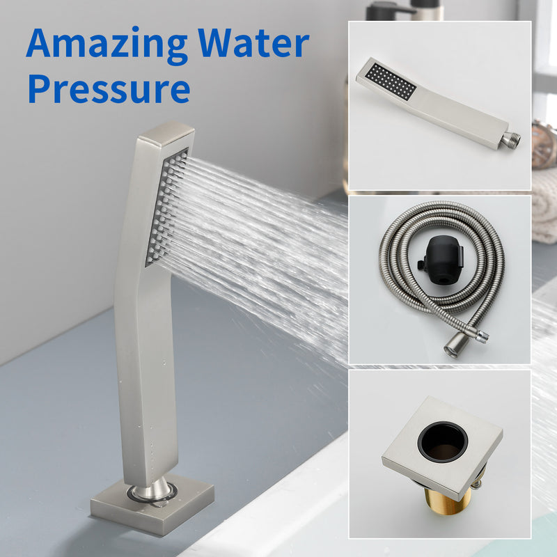 Waterfall tub filler Deck Mount square 5 Hole Bathtub Faucets Set with sprayer and 4.7inch waterfall spout