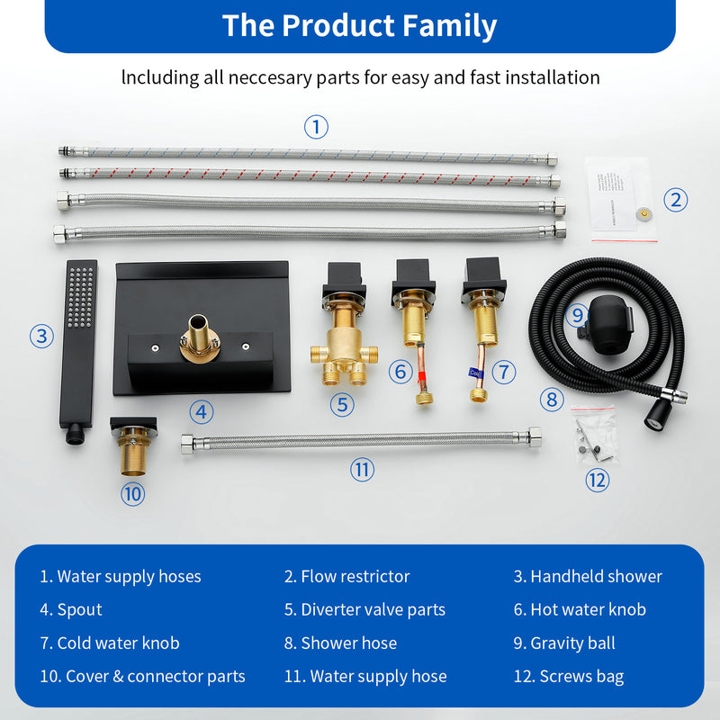 High Flow Roman Tub Faucet 5 Hole Deck Mounted Waterfall Bath Shower Mixer Tap in Matte Black, Brushed Nickel, Brushed Gold