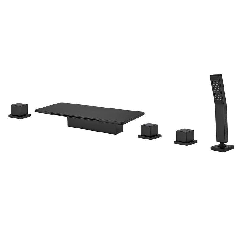 Deck Mounted Roman Bath Filler 5-Hole 2-Handle tub faucet trim with High Pressure Hand Shower and SUS304 Bath Tub Spout