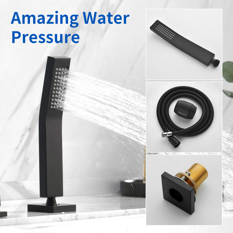 Deck Mounted Roman Bath Filler 5-Hole 2-Handle tub faucet trim with High Pressure Hand Shower and SUS304 Bath Tub Spout