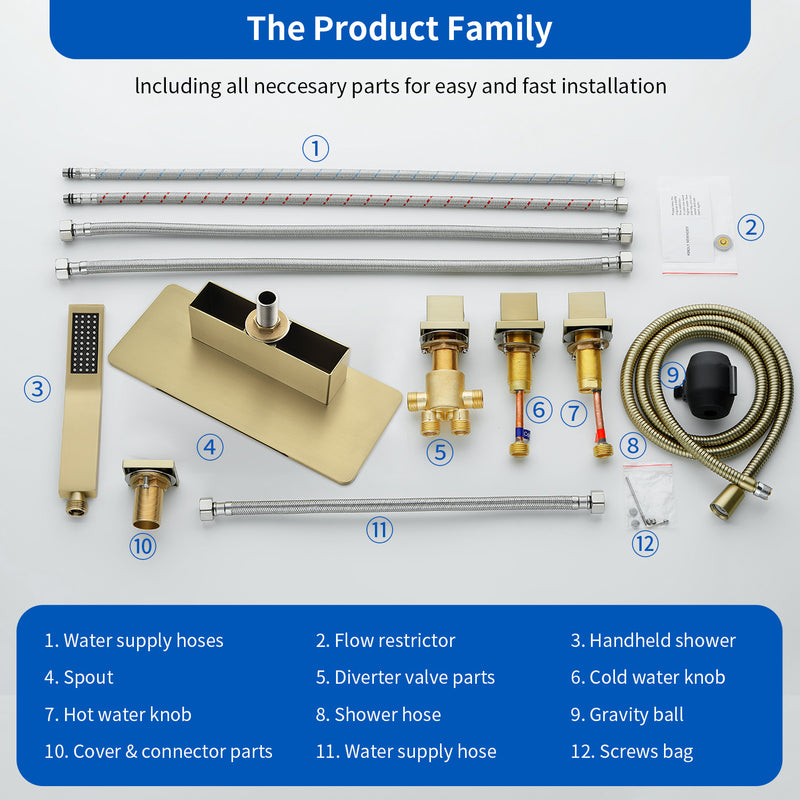 Deck Mounted Roman Bath Filler 5-Hole 2-Handle tub faucet trim with High Pressure Hand Shower and SUS304 Bath Tub Spout