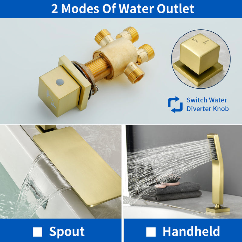 Deck Mounted Roman Bath Filler 5-Hole 2-Handle tub faucet trim with High Pressure Hand Shower and SUS304 Bath Tub Spout