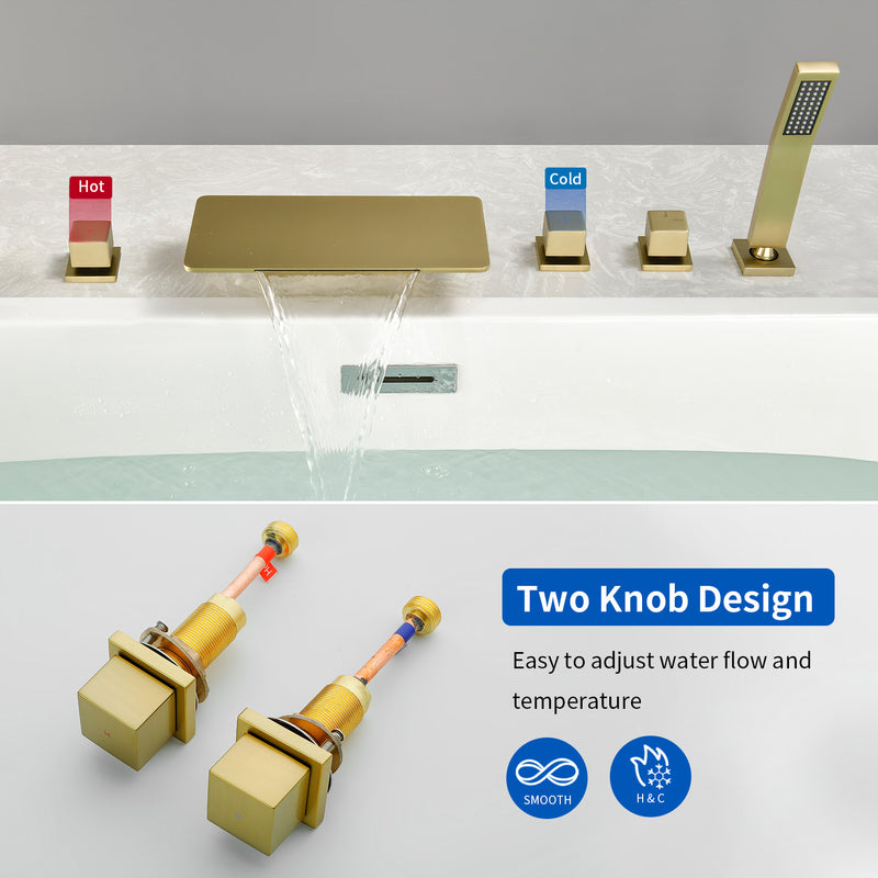 Deck Mounted Roman Bath Filler 5-Hole 2-Handle tub faucet trim with High Pressure Hand Shower and SUS304 Bath Tub Spout