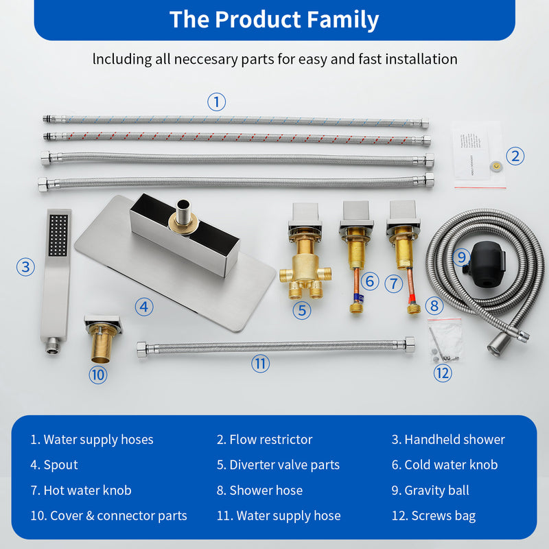 Deck Mounted Roman Bath Filler 5-Hole 2-Handle tub faucet trim with High Pressure Hand Shower and SUS304 Bath Tub Spout