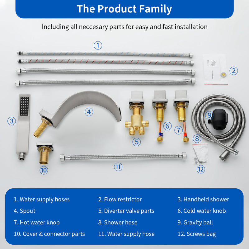 5-Hole Bathtub Mixer Deck Mounted Roman Bath Tub Filler with Hand-Held Shower Sprayer and Waterfall Spout