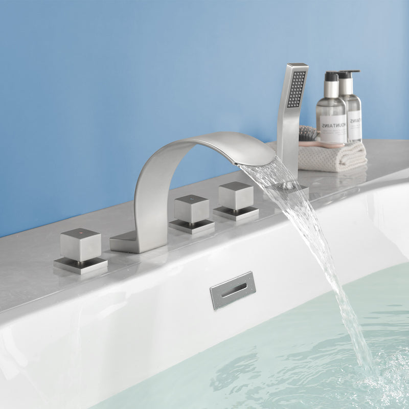 5-Hole Bathtub Mixer Deck Mounted Roman Bath Tub Filler with Hand-Held Shower Sprayer and Waterfall Spout