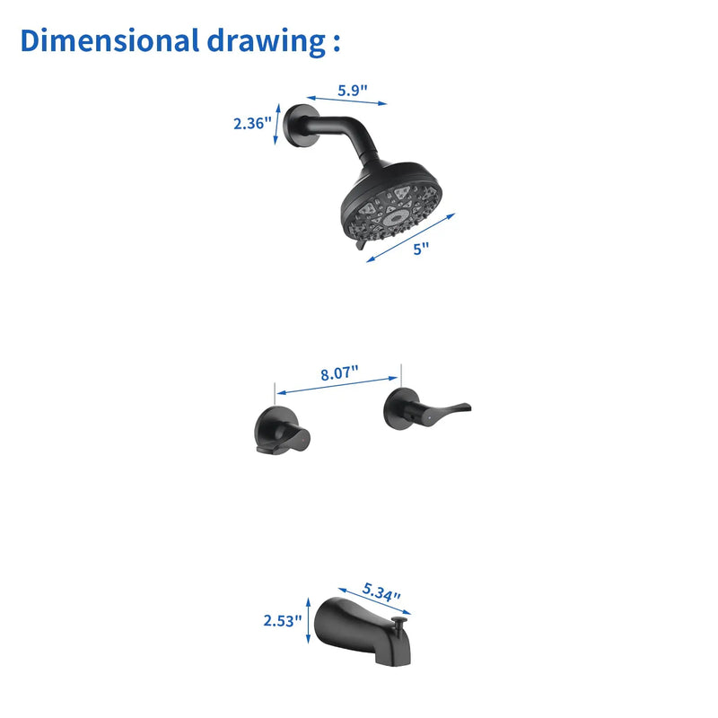 2-Handle Bath and Shower Trim Kit with Diverter Tub Spout 6-Setting Tub Shower Faucet with Valve In Matte Black, Brushed Nickel, Brushed Gold 2-handle-bath-and-shower-trim-kit-with-diverter-tub-spout-6-setting-tub-shower-faucet-with-valve-in-matte-black-brushed-nickel-brushed-gold 