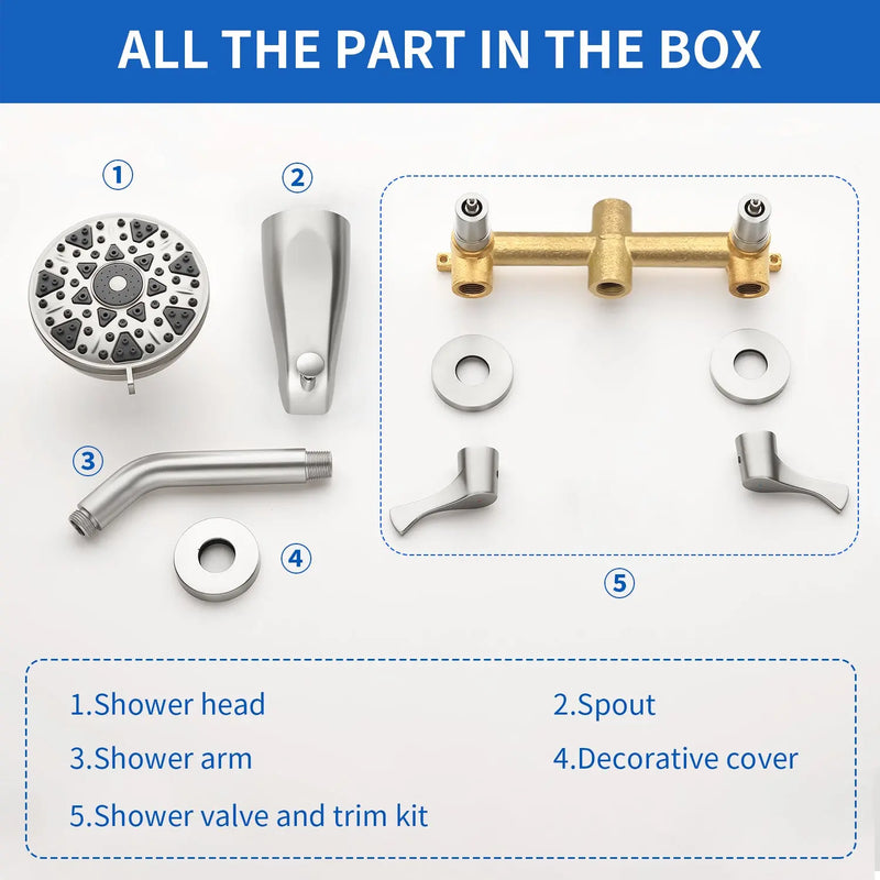2-Handle Bath and Shower Trim Kit with Diverter Tub Spout 6-Setting Tub Shower Faucet with Valve In Matte Black, Brushed Nickel, Brushed Gold 2-handle-bath-and-shower-trim-kit-with-diverter-tub-spout-6-setting-tub-shower-faucet-with-valve-in-matte-black-brushed-nickel-brushed-gold 